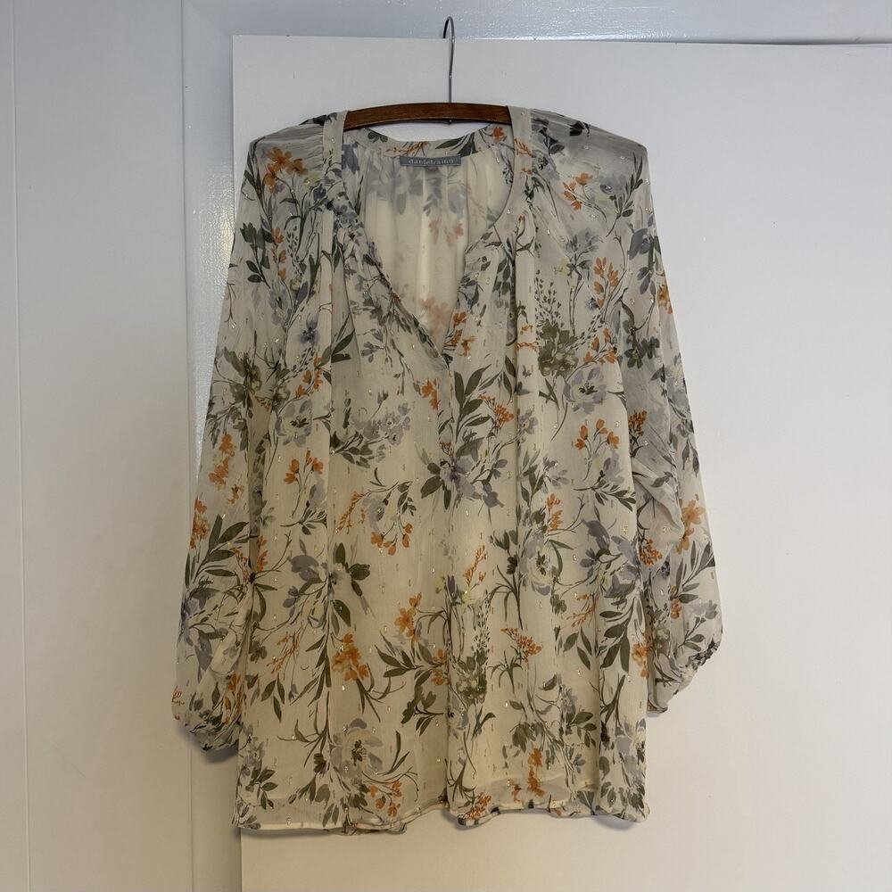 Daniel Rainn 1X Light Floral Blouse Ivory Gold Metallic Long Sleeve Plus Size
